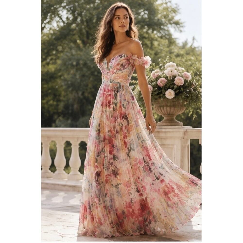 Marchesa Notte Off-The-Shoulder Pleated Floral Chiffon Gown US 6